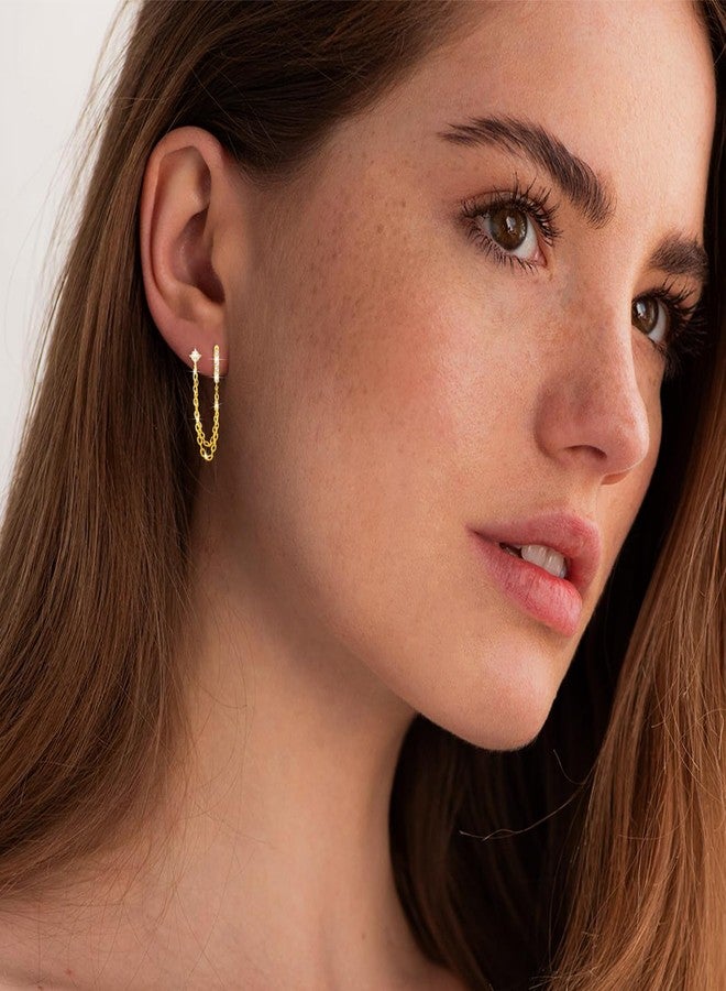 COARVXA 925 Sterling Silver Gold Plated Four Zircons Flower Stud Chain Earrings | Double Piercing Dangle Chain Huggie Hoop Earrings | Four Zirconia Stud Earrings Jewelry Gifts for Women - Image 3